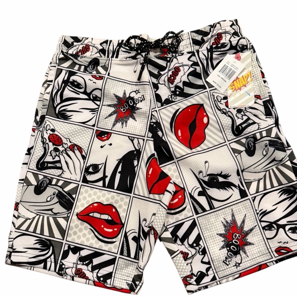 Oh Snap! Comic Pop Art Shorts Men’s 1-M 1-L Black White Red Graphic